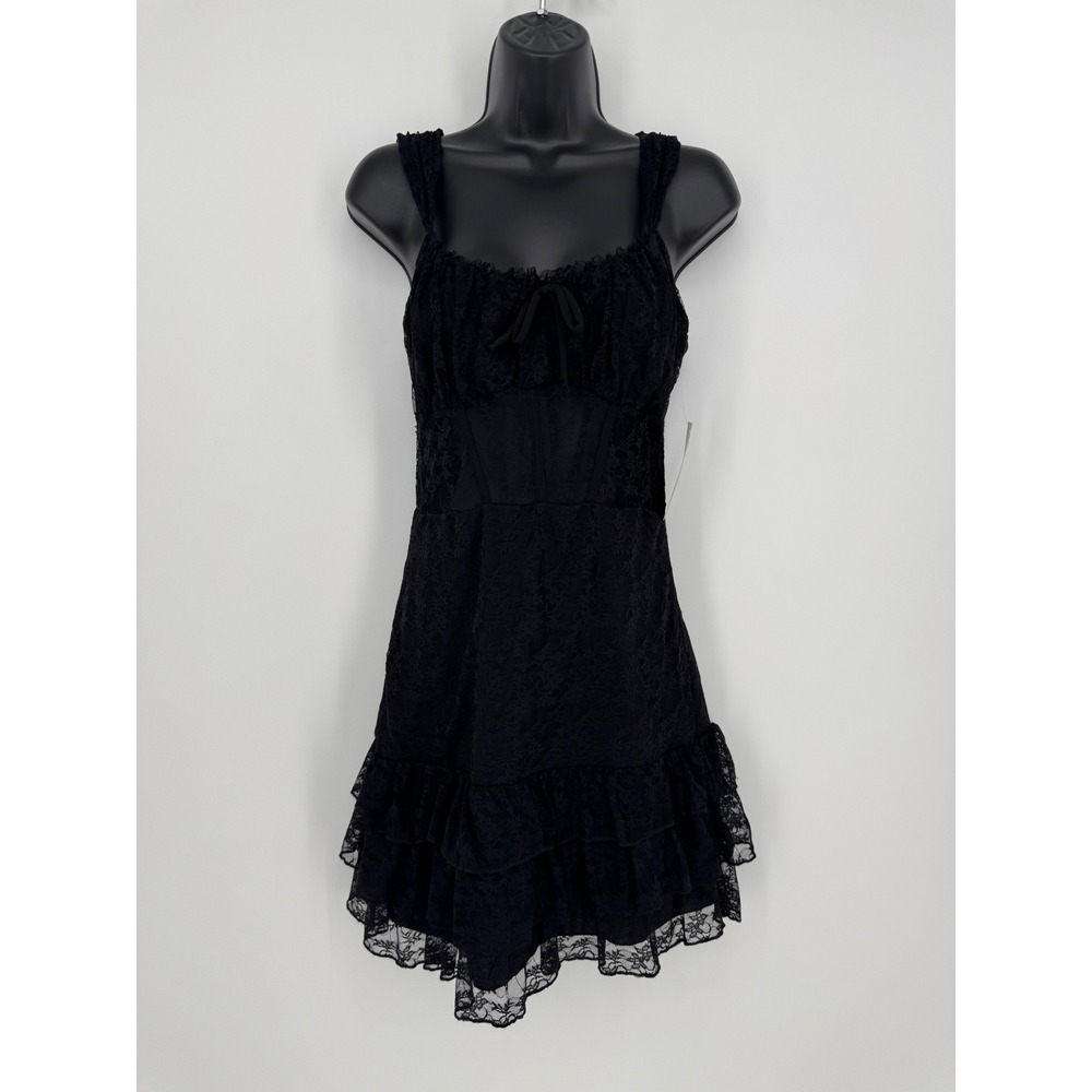 Mixed Threads Black Lace Corset Tiered Ruffle Mini Dress Size M Goth Coquette